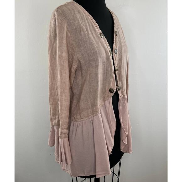 Made In Italy Nude Beige Long Sleeve Button-Down Ruffle Hem Cardigan Sweater M L - Picture 2 of 8